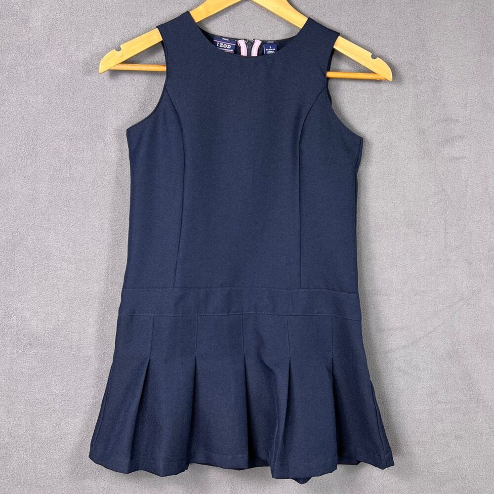 IZOD Girls School Uniform Jumper Dress Navy Blue Pleated Drop Waist Size 7